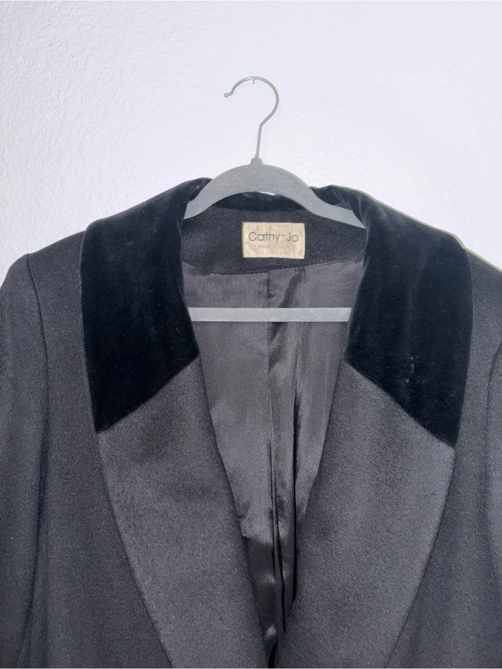 Cathy Jo Vintage Black Wool Coat Velvet Collar Double Breasted Longline USA M - Picture 7 of 8